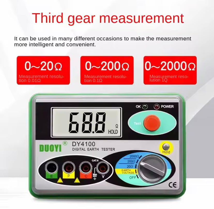 DY4100 Digital Earth Ground Resistance Meter Megohmmeter 0-2000 Ohm Instruments Inspection Electrician Resistance Tester