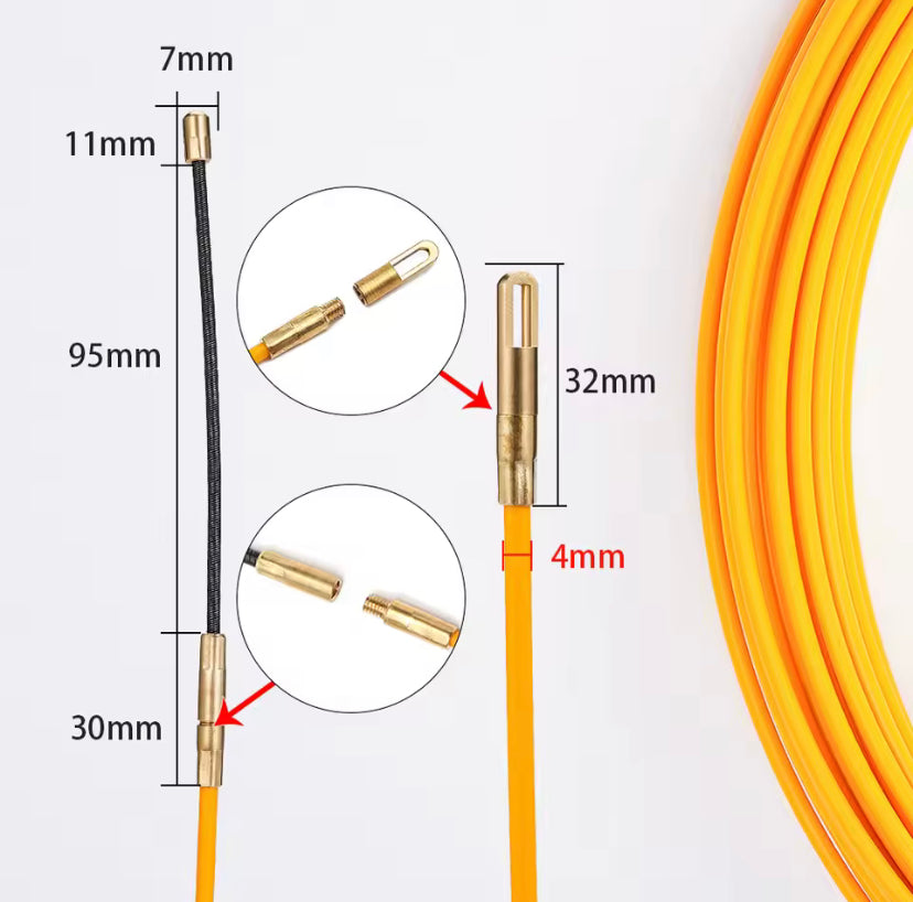 4mm 5M/15M/20M/25M/30M Fiberglass Cable Push Puller Cable Reel Duct Snake Rodder Fish Tape Electrician Threading Device Aid Tool