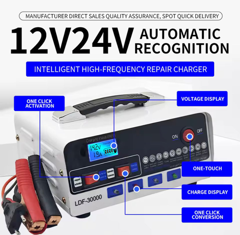 12V/24V  30A LCD Display Battery Charger - Pulse Repair -220V Universal - Suitable for Automobiles Car, SUV, Trucks, Motorcycles