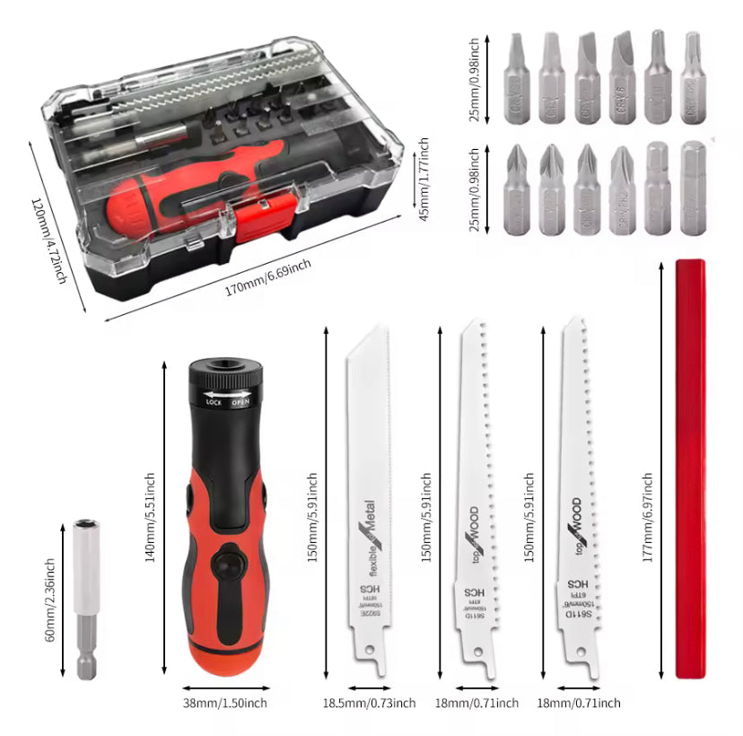 18pcs Multi Blade Hand Saw with Quick Change Mechanism Ergonomic Handle, Adjustable Length Versatile for Reciprocating Saw, Hacksaw Blades with Magnetic Screwdriver Bit Set