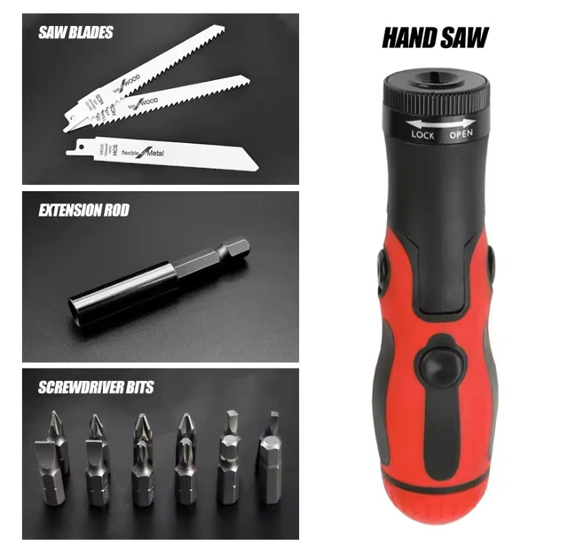 18pcs Multi Blade Hand Saw with Quick Change Mechanism Ergonomic Handle, Adjustable Length Versatile for Reciprocating Saw, Hacksaw Blades with Magnetic Screwdriver Bit Set