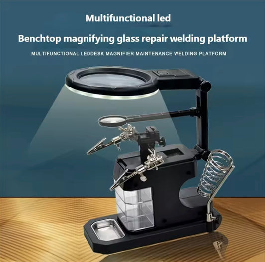 LED Light Desktop Magnifying Glass Soldering Station USB Adjustable Helping Hands Magnifier with LED Light and Alligator Clips TE803