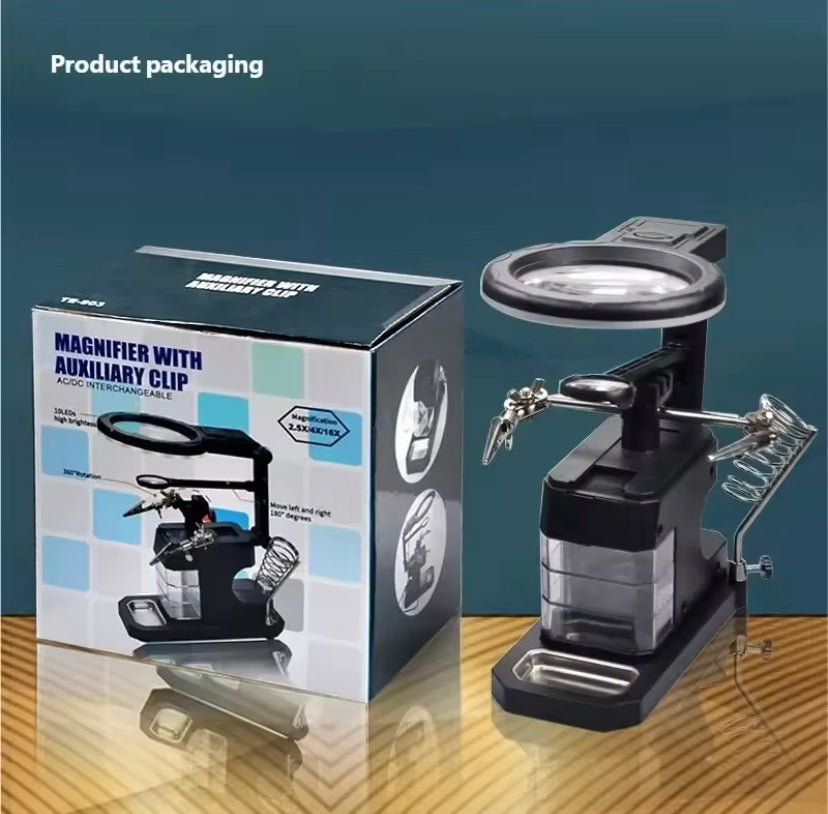 LED Light Desktop Magnifying Glass Soldering Station USB Adjustable Helping Hands Magnifier with LED Light and Alligator Clips TE803