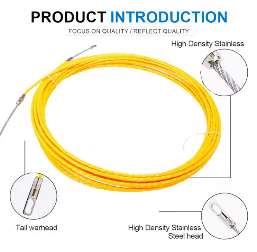 10MM Cable Puller, 10-50M Fiberglass Cable Pulling Tool with Fish Tape Reel, Yellow, Polyester Three-Leaf Wall Penetration Line, Conduit Pull Rod Guiding Device