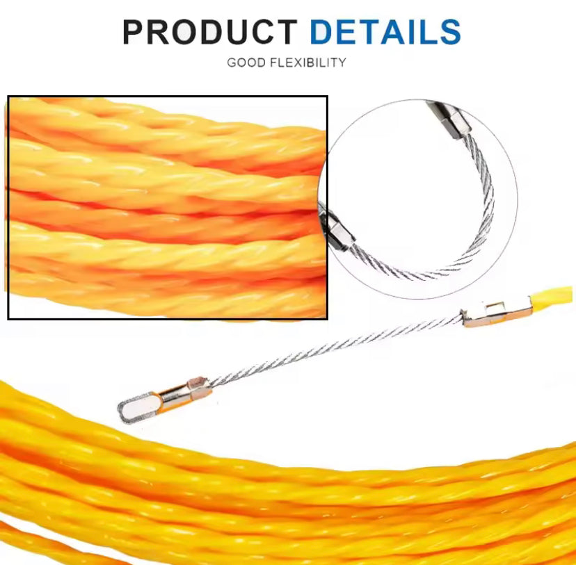 10MM Cable Puller, 10-50M Fiberglass Cable Pulling Tool with Fish Tape Reel, Yellow, Polyester Three-Leaf Wall Penetration Line, Conduit Pull Rod Guiding Device