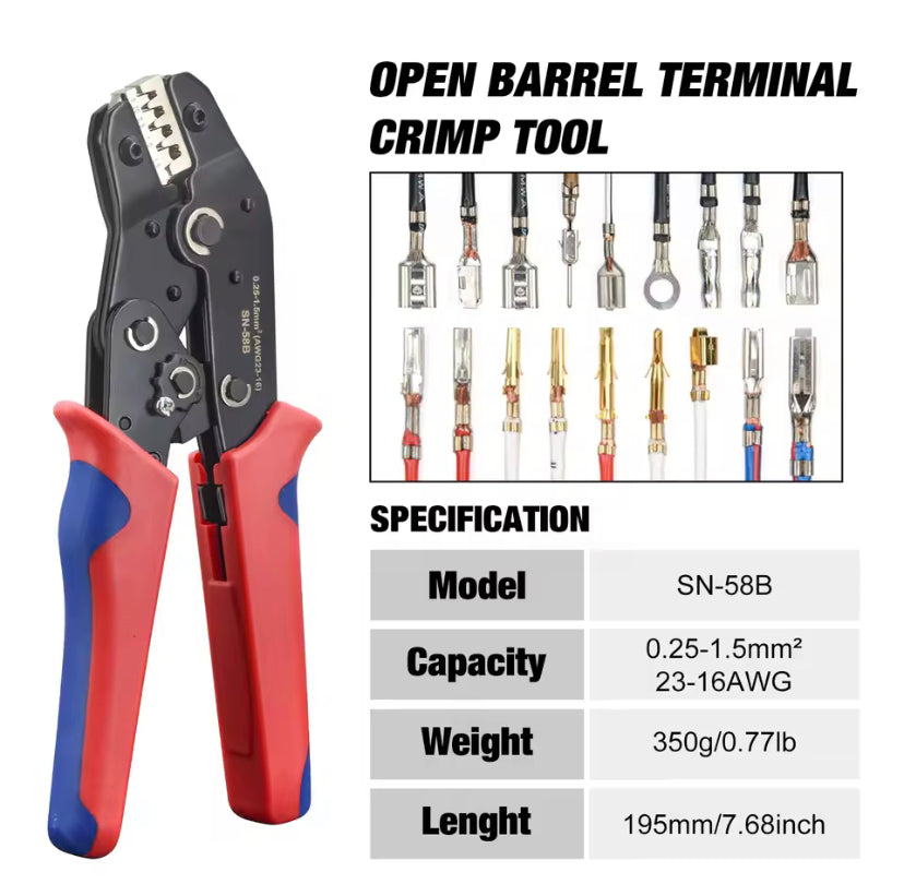 Non-insulated Open Barrel Crimping Tool SN-58B 23-16 AWG /0.25-1.5mm², Dupont Molex JST TE Terminals & EPC PCIE SATA Pins