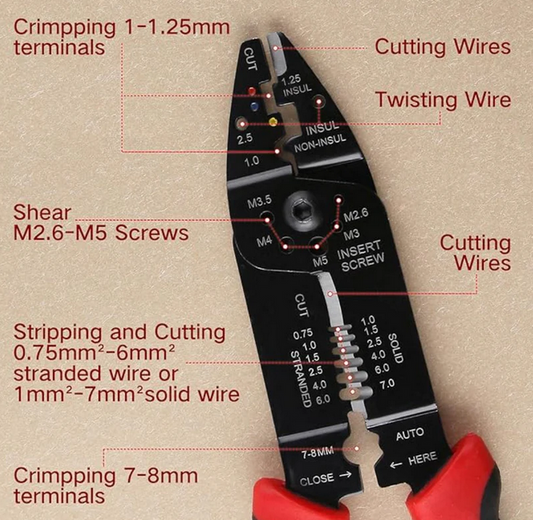 YTH XC44 8.5" Multi-Functional Wire Stripper, Cutter & Crimper – For Insulated & Non-Insulated Terminals