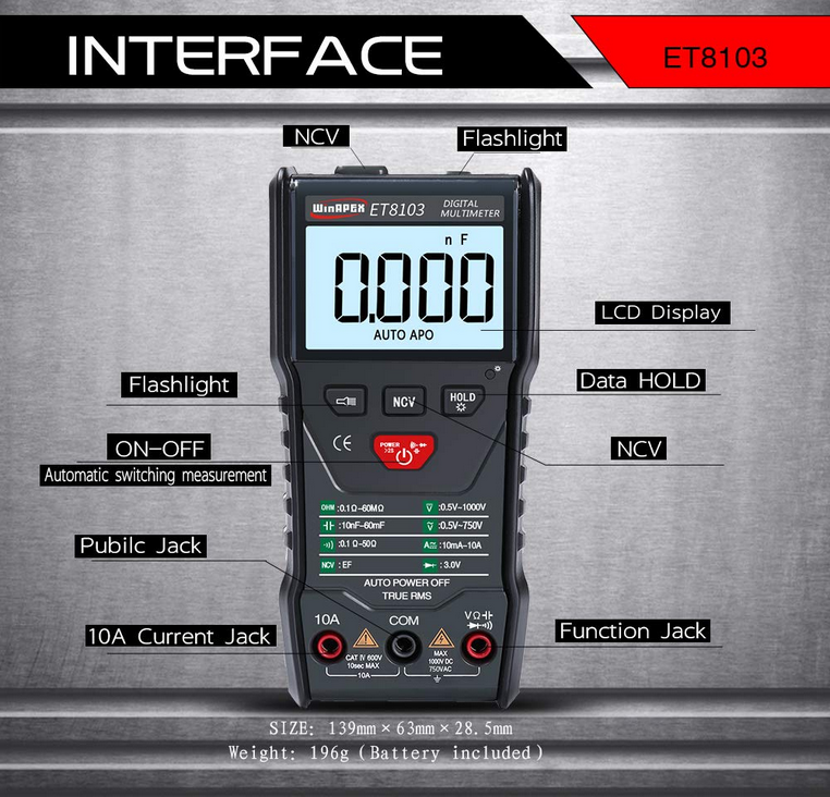 WinAPEX ET8103 LCD Display Portable Auto Measure Multimeter AC/DC Voltage Current Capacitance Electric Field Resistance Meter True RMS 6000 Counts Display with Flashlight Function