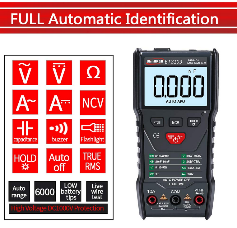 WinAPEX ET8103 LCD Display Portable Auto Measure Multimeter AC/DC Voltage Current Capacitance Electric Field Resistance Meter True RMS 6000 Counts Display with Flashlight Function